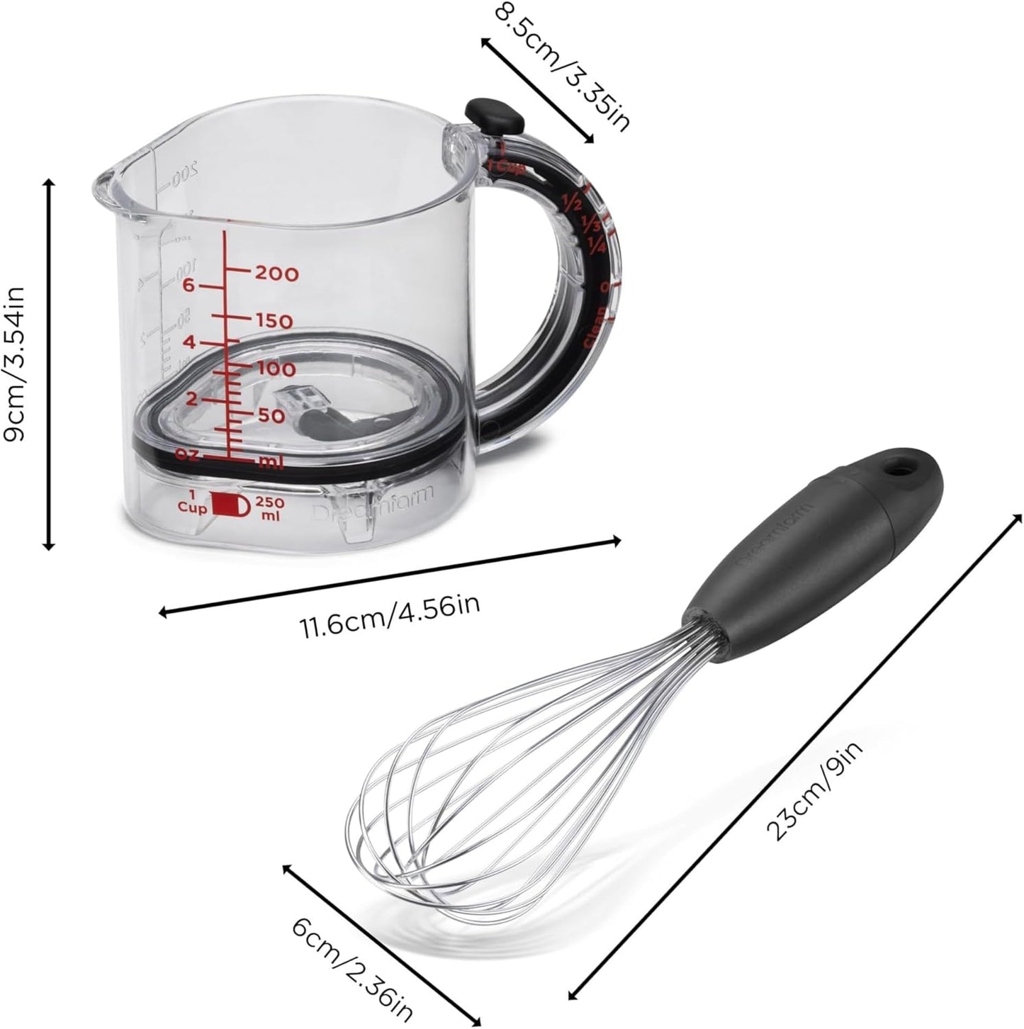 Dreamfarm 16 oz Upcup Adjustable Measuring Cup, 1 Cup & Mini Flisk – 4.6" Tritan & Silicone Self-Scraping Kitchen Tool for Wet & Dry Ingredients – Clear Measuring Container, Easy Clean Gadget