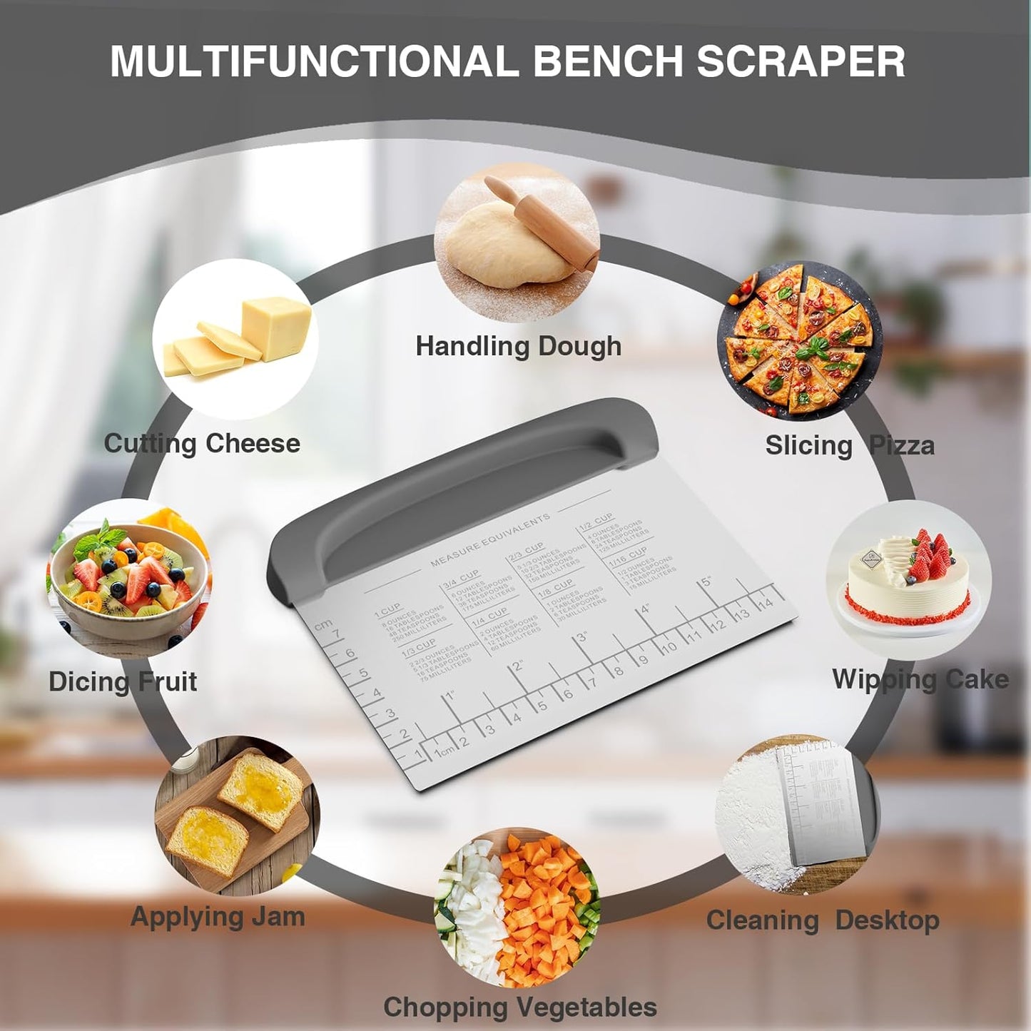 Bench Scraper Dough Cutter Tool - Bowl Pastry Scraper for Bread Cake Pizza, Bench Knife Kitchen Dough Scraper for Baking, Stainless Steel Food Scraper with Grip Handles & Measuring Scal, Blue