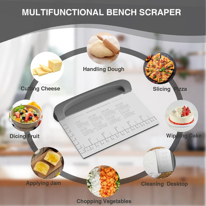 Bench Scraper Dough Cutter Tool - Bowl Pastry Scraper for Bread Cake Pizza, Bench Knife Kitchen Dough Scraper for Baking, Stainless Steel Food Scraper with Grip Handles & Measuring Scal, Blue