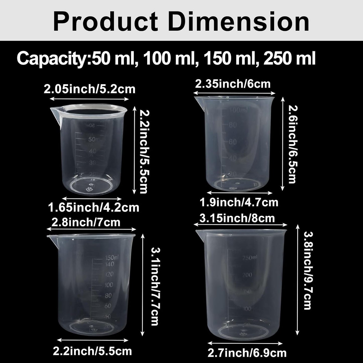 4 Pcs 50ml / 100ml /150ml /300ml Capacity Clear Measuring Cup, Transparent Lab Liquid Mixing Cups, Plastic Graduated Beakers for Kitchen Cooking Medicine Measure Tool