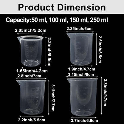 4 Pcs 50ml / 100ml /150ml /300ml Capacity Clear Measuring Cup, Transparent Lab Liquid Mixing Cups, Plastic Graduated Beakers for Kitchen Cooking Medicine Measure Tool