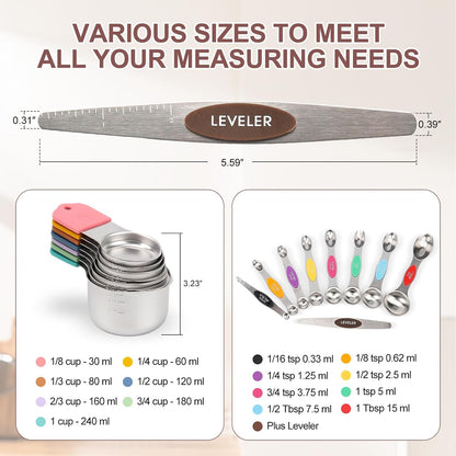 16-Piece Stainless Steel Measuring Cups and Spoons Set, Strong Magnetic Nesting Design 7 Cups 8 Spoons with Leveler, Double Measurement Markings for Dry & Liquid Ingredients, Gold
