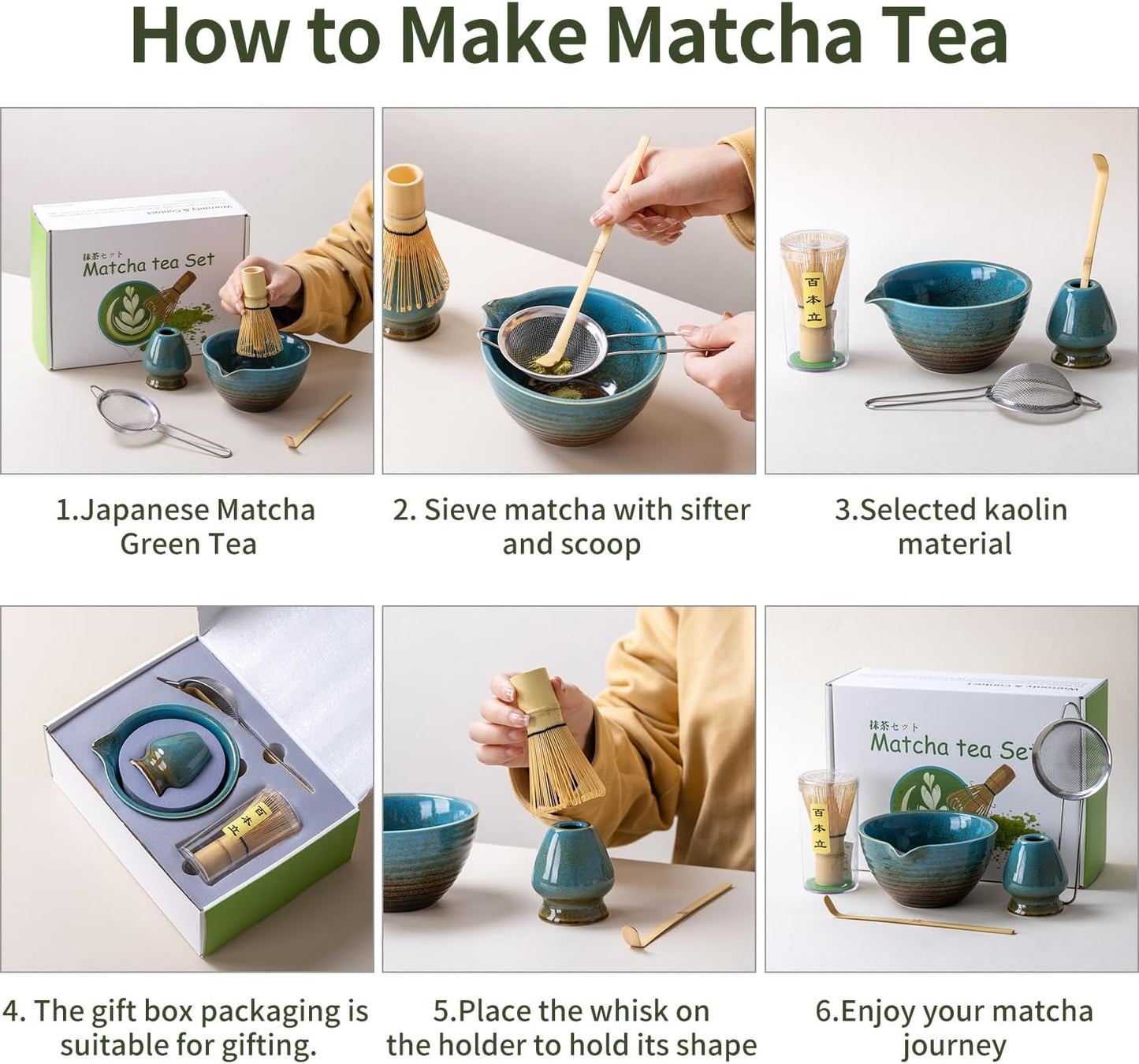 Traditional Matcha Tea Ceremony Set with Ceramic Bowl, Bamboo Whisk, Stand and Strainer, 5-Piece (yellow)