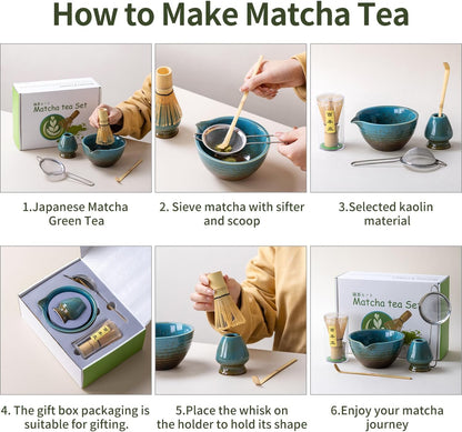 Traditional Matcha Tea Ceremony Set with Ceramic Bowl, Bamboo Whisk, Stand and Strainer, 5-Piece (yellow)