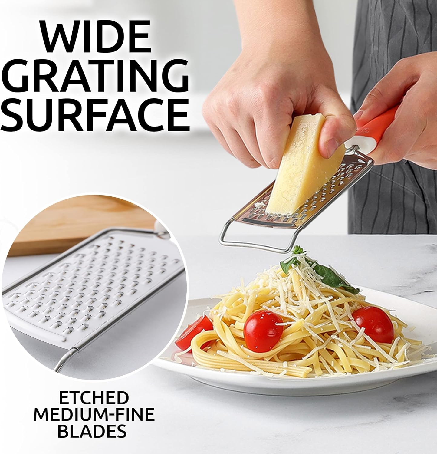 Zulay Kitchen Professional Cheese Grater Stainless Steel - Durable Rust-Proof Metal Lemon Zester Grater With Handle - Flat Handheld Grater For Cheese, Chocolate, Spices, And More - White
