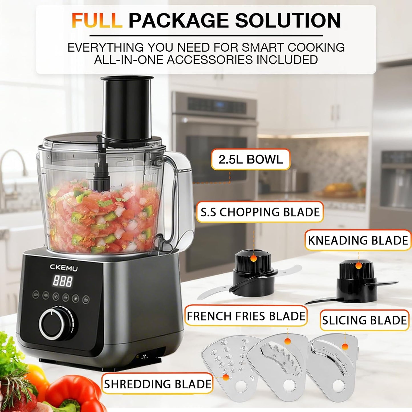 12 Cup Smart Food Processor, Electric Food Chopper Slicer with French-Fry Slicing Shredding Chopping Kneading Cutter, For Meat, Vegetable, Fries, Cheese, Meat & Veggie Prep, Puree
