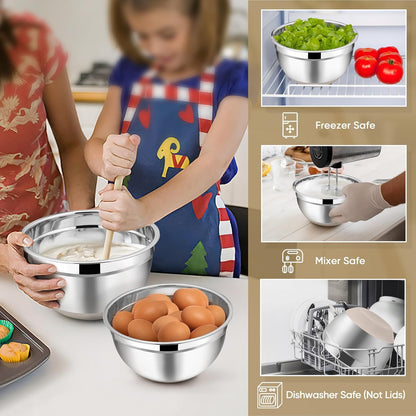 TeamFar Mixing Bowls with Lids Set, 7/3.5/2.5/1.5/1 QT, Stainless Steel Large Red Nesting Metal Salad Mixing Bowl Set of 5, Healthy & Easy Clean, Airtight Lid & Non-slip Bottom
