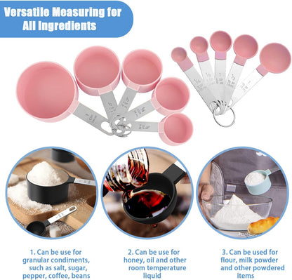 Measuring Cups and Spoons Set, 10-Piece Stackable Kitchen Tools with Stainless Steel Handles, Nesting Measurement Gadgets for Cooking & Baking (pink)