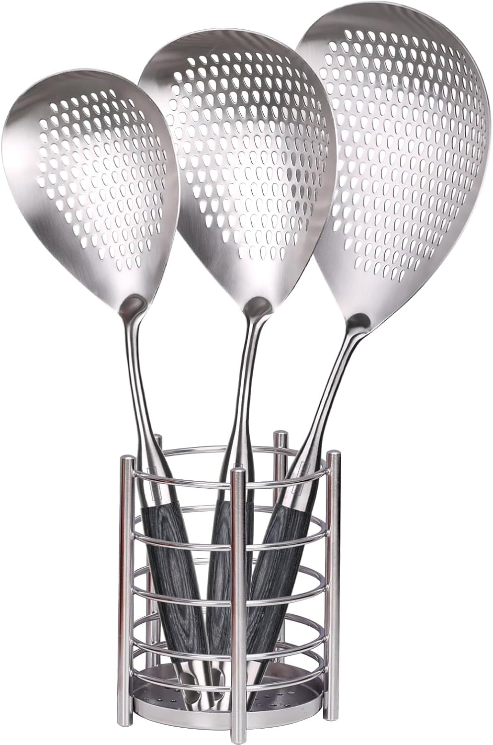 MARTE Skimmer Slotted Spoon Set of 4 - Kitchen Pasta Strainer Spoon - Spider Strainer Skimmer Ladle Spoon with Holder for Cooking and Frying Food, Spaghetti, Vegetable, Dumpling - 14.8In,16.5In,17In