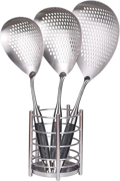 MARTE Skimmer Slotted Spoon Set of 4 - Kitchen Pasta Strainer Spoon - Spider Strainer Skimmer Ladle Spoon with Holder for Cooking and Frying Food, Spaghetti, Vegetable, Dumpling - 14.8In,16.5In,17In