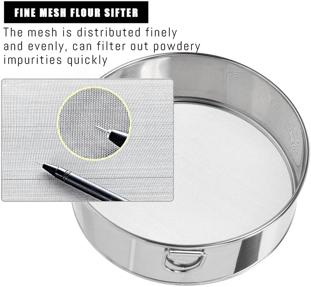 Flour Sifter Stainless Steel Fine Mesh Strainers 11.8 Inch 60 Mesh Round Flour Sieve for Baking Cake Bread