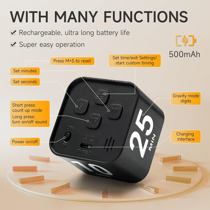 Rotating Productivity Timer 5, 25, 10, 50 Minutes Preset, Desk Cube w/Gravity Sensor for ADHD, Mute Functions, Ideal for Work, Study, Kitchen, Back to School (1, Wood Grain Finish)