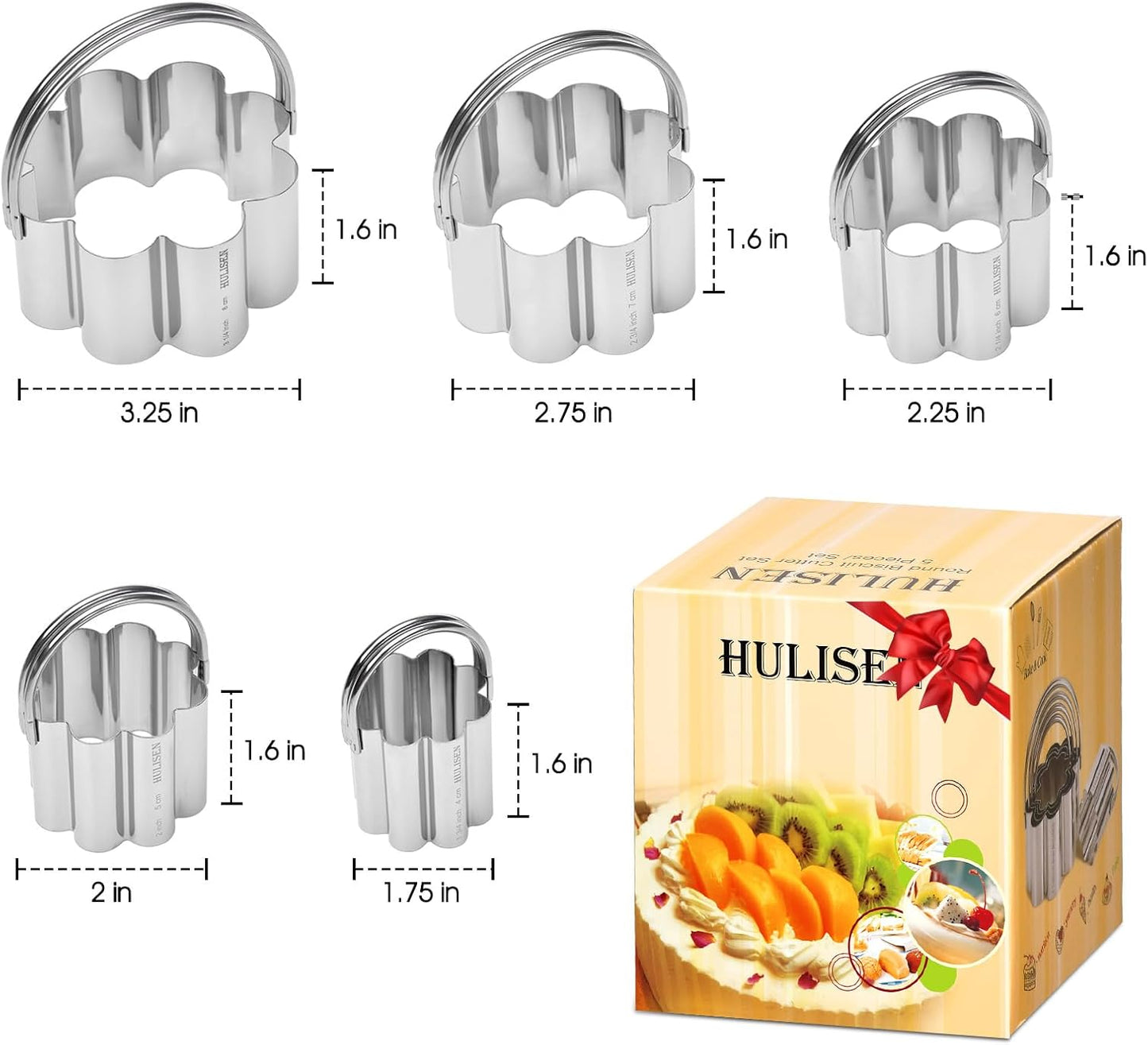 HULISEN Square Biscuit Cutter Set (4 Pieces/Set), Stainless Steel Cookies Cutter with Handle, Professional Baking Dough Tools, Gift Package (Square)