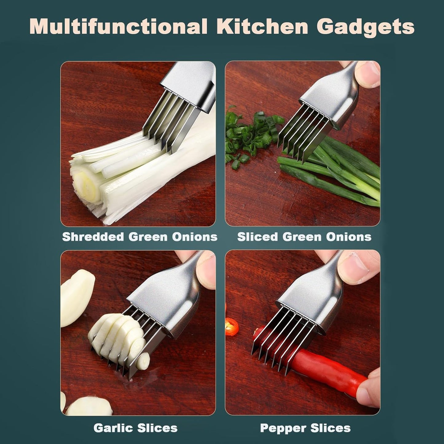 Stainless Steel Green Onion Slicer Cutter, Multifunctional Vegetable Shredder, Scallion Shred Silk Knife with Solid Handle for Garlic, Ginger, Herbs & Kitchen Meal Prep(6 Blades)