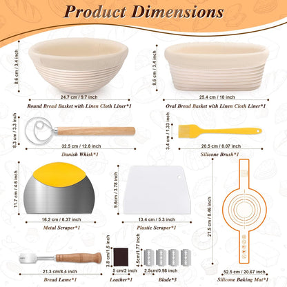 Banneton Basket Set of 2, 10" Oval & 9.7" Round Banneton Bread Proofing Basket with Liners, Bread Lame, Silicone Baking Mat, Danish Whisk, Brush, Proofing Bowls Sourdough Starter Kit Tools