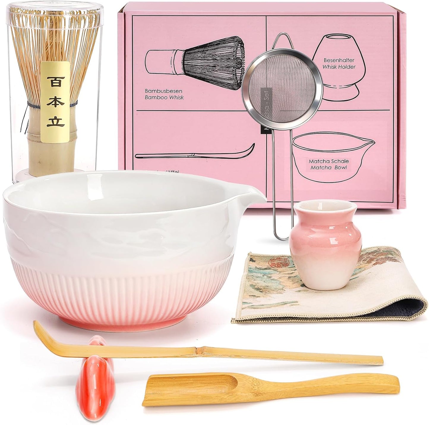 8 Pack Matcha Whisk Set, Japanese Matcha Tea Set, Ceramic Mixing Bowl with Spout, Bamboo Measuring Spoon and Scoop Stand, Towel, Whisk Holder, Stainless Sifter, Gift for Beginner, Tea Ceremony