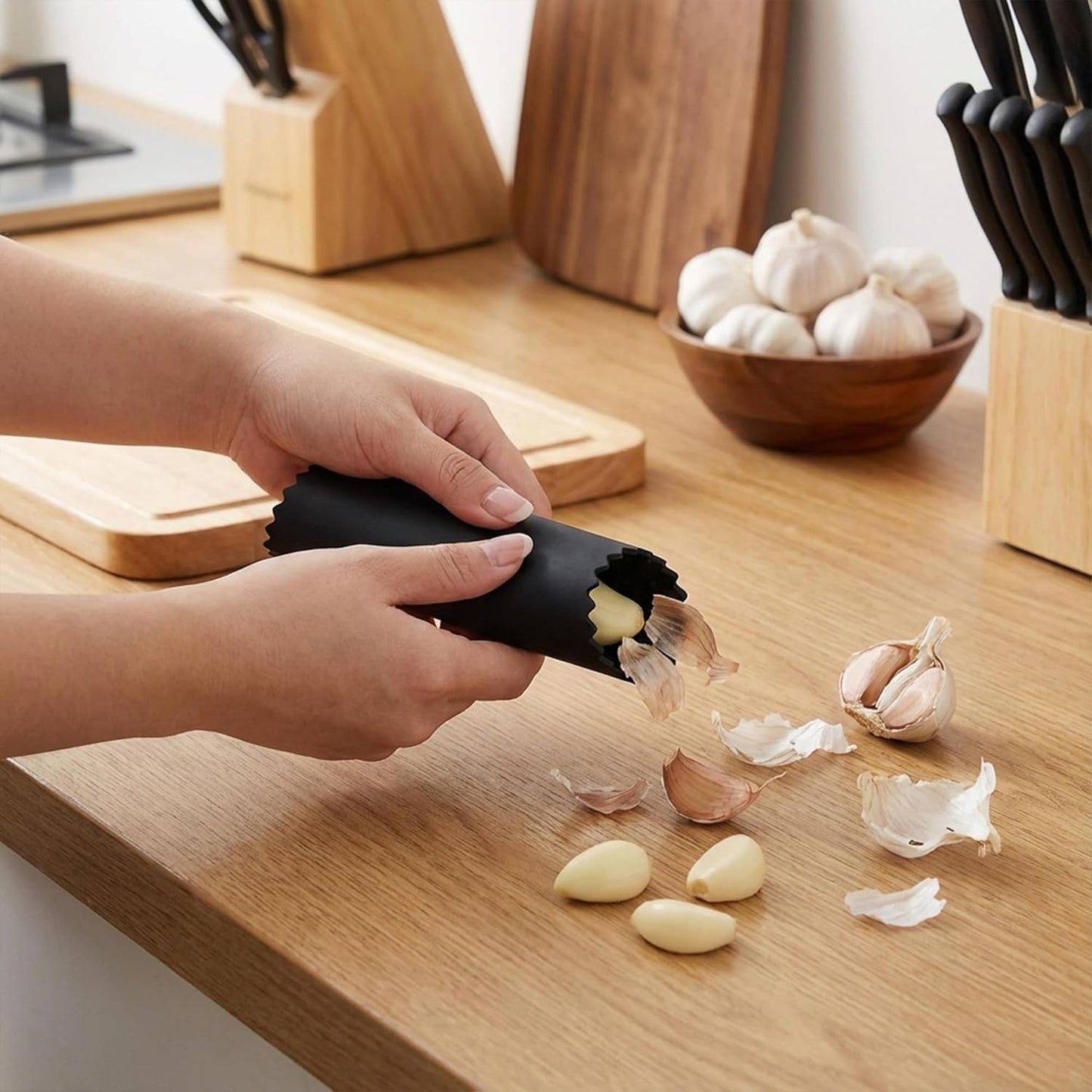 Garlic Press Rocker Stainless Steel, Manual Garlic Mincer Crusher with Silicone Peeler Set, Heavy Duty Ginger Smasher with Bottle Opener for Kitchen, Dishwasher Safe, Silver & Black