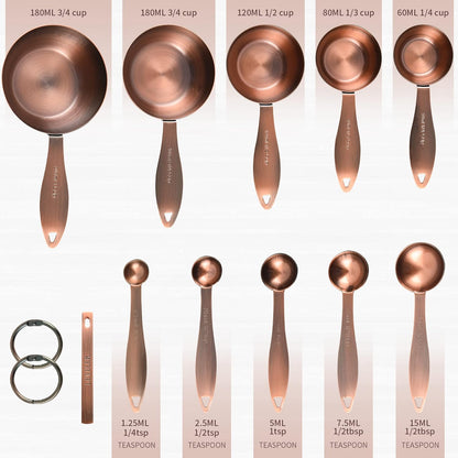 Copper measuring cups and spoons set,Includes Stainless Steel 5 Measuring Cups and 5 Measuring Spoons and Measure Ingredient Leveler and Rings（copper）