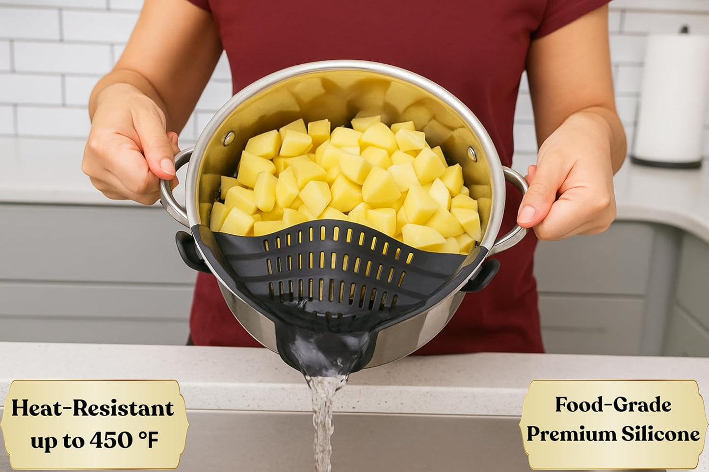 Clip On Strainer Silicone for Pots and Pans, Universal Fit Pasta Strainer and Pot Colander, Space Saving Food Drainer with Collapsible Funnel and Garlic Peeler, 3 Pcs Set, Black