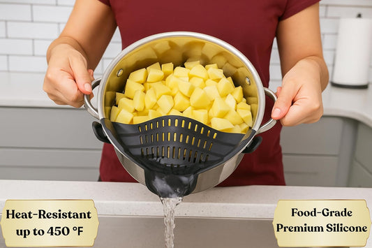 Clip On Strainer Silicone for Pots and Pans, Universal Fit Pasta Strainer and Pot Colander, Space Saving Food Drainer with Collapsible Funnel and Garlic Peeler, 3 Pcs Set, Black