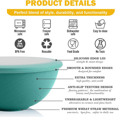Wheat Straw Bowls Set with Lids, Unbreakable 40 OZ Cereal Bowls Set of 4, Salad Container for Lunch, Microwave & Dishwasher Safe Bowl Set for Kitchen, Picnic, RV, Camping, Multi