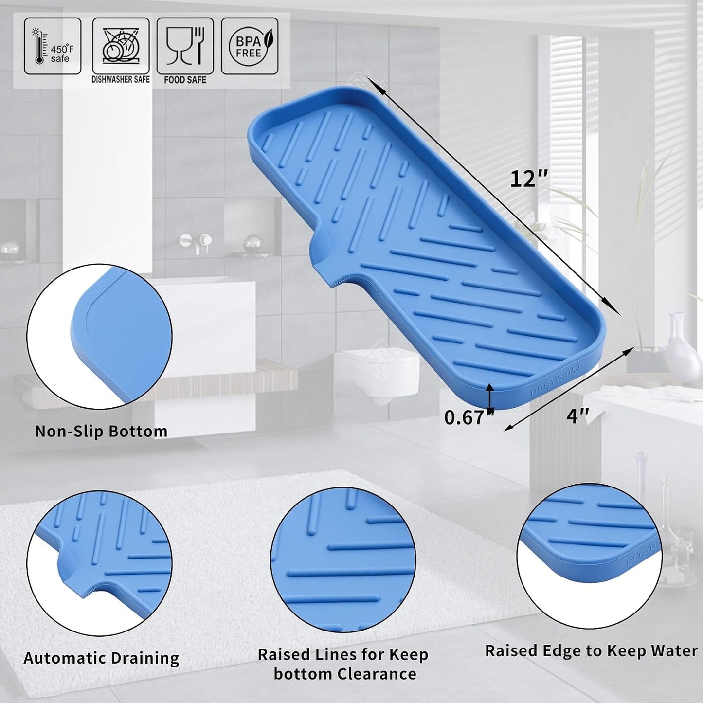 MicoYang Silicone Soap Dish with Drain Spout, Self-Draining Sink Organizer Tray for Bathroom and Kitchen, Sponges, Dispensers and Soap Holder, Non-Slip and Dishwasher Safe, Black (Compact, 4.9"×3.2")