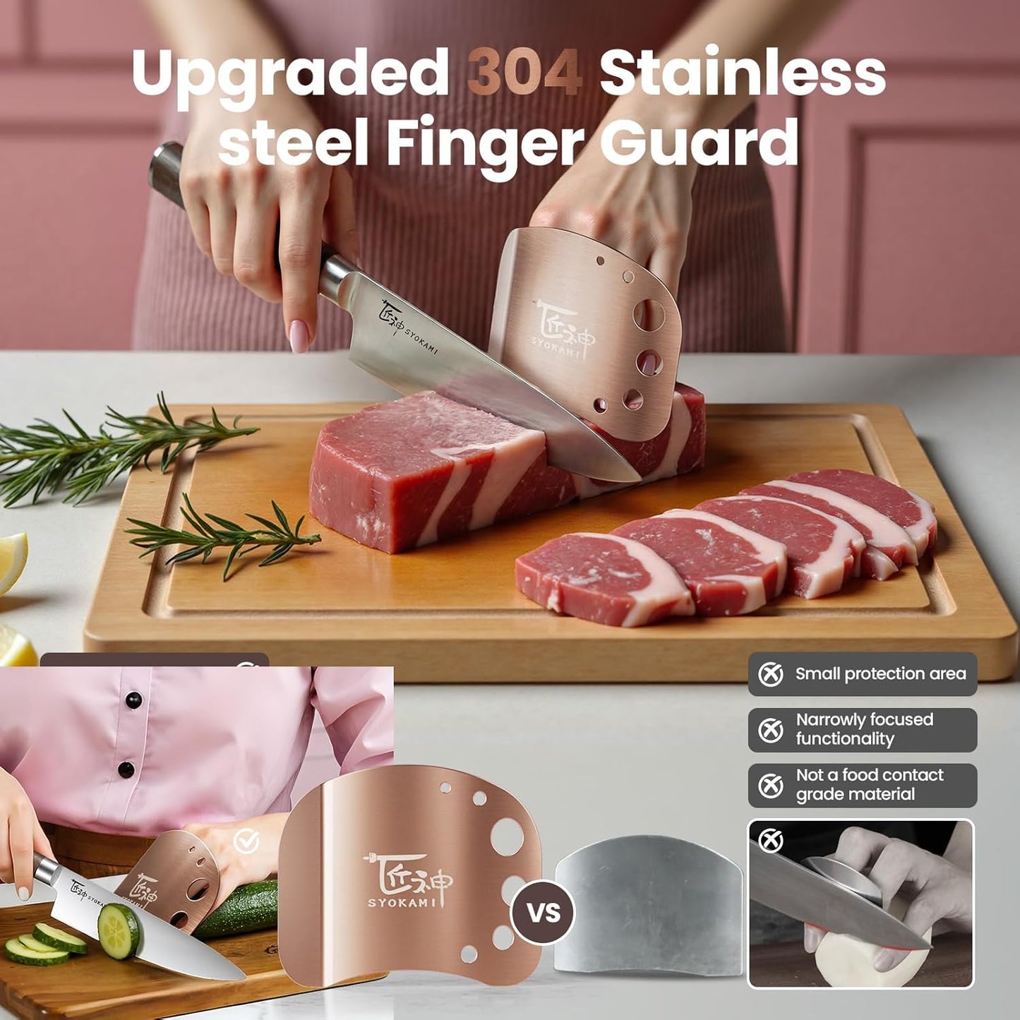 SYOKAMI Finger Guards for Cutting Food, Protects Women’s Fingers and Nails, Ideal Gift for Her, Mom or Wife, 2 Stainless Steel Finger Protectors with Herb Stripper, Adjustable Size