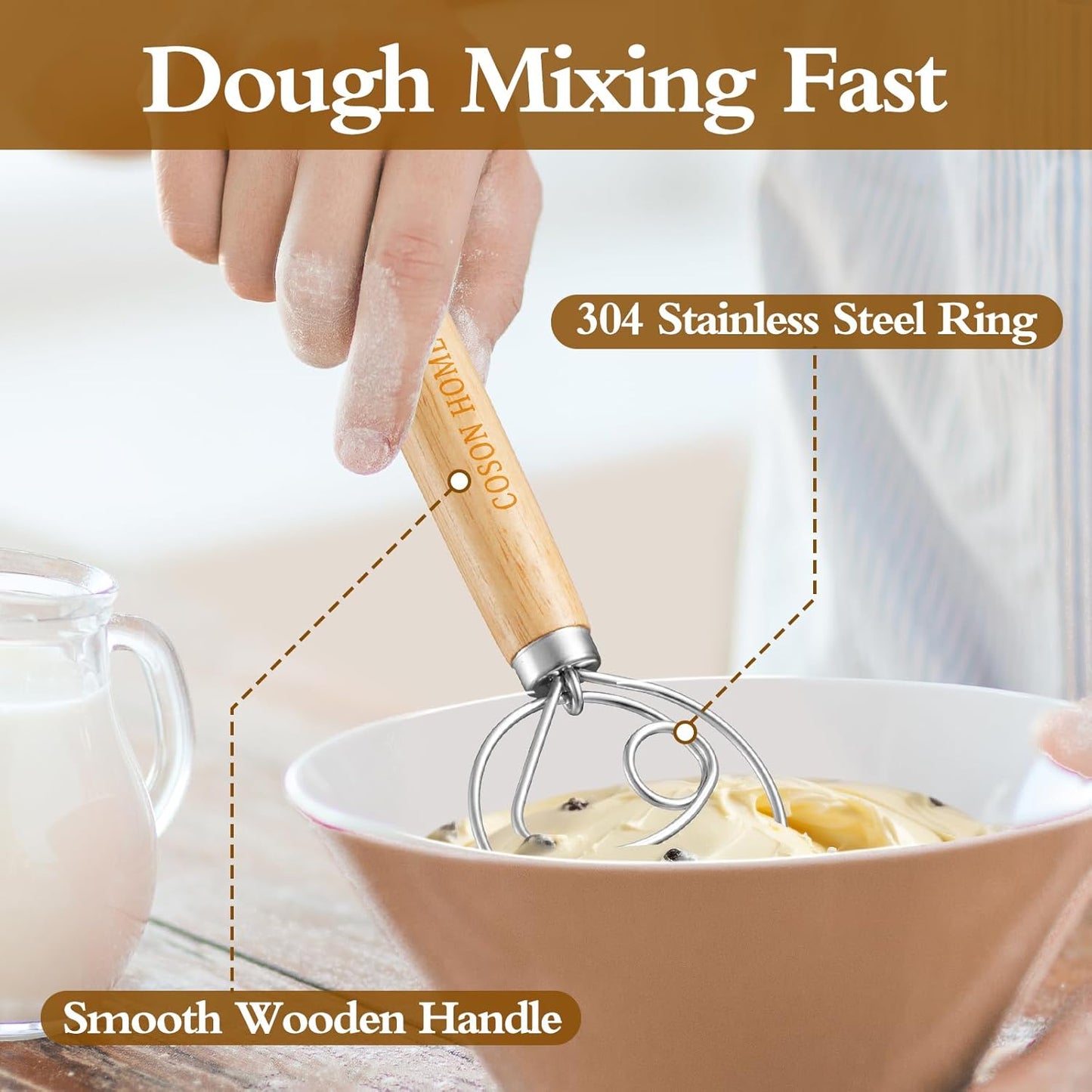 Pack of 2 Danish Dough Whisk, Kitchen Baking Flour Mixing Tool for Sourdough, Bread, Flour Paste, Butter, Pancake, Pizza, Cake, Pastry, Biscuits, Wooden Handle Stainless Steel Ring