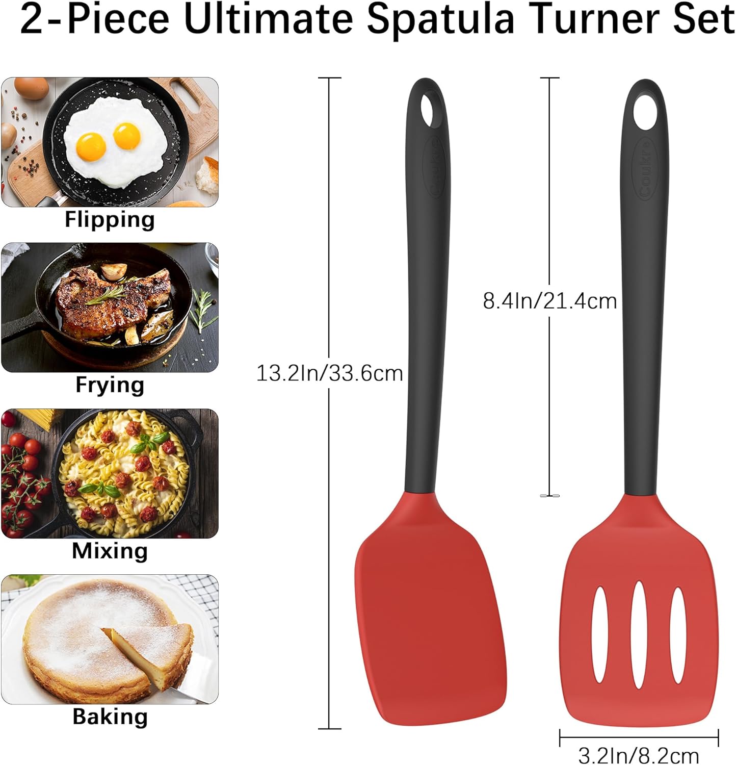 Coukre 2 Pack Silicone Spatula Set, High Heat Resistant, BPA Free Kitchen Spatula, Solid & Slotted Turner for Non-Stick Pans, Sautéing, and Flipping (2, PureBlack)