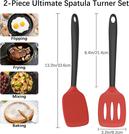 Coukre 2 Pack Silicone Spatula Set, High Heat Resistant, BPA Free Kitchen Spatula, Solid & Slotted Turner for Non-Stick Pans, Sautéing, and Flipping (2, PureBlack)