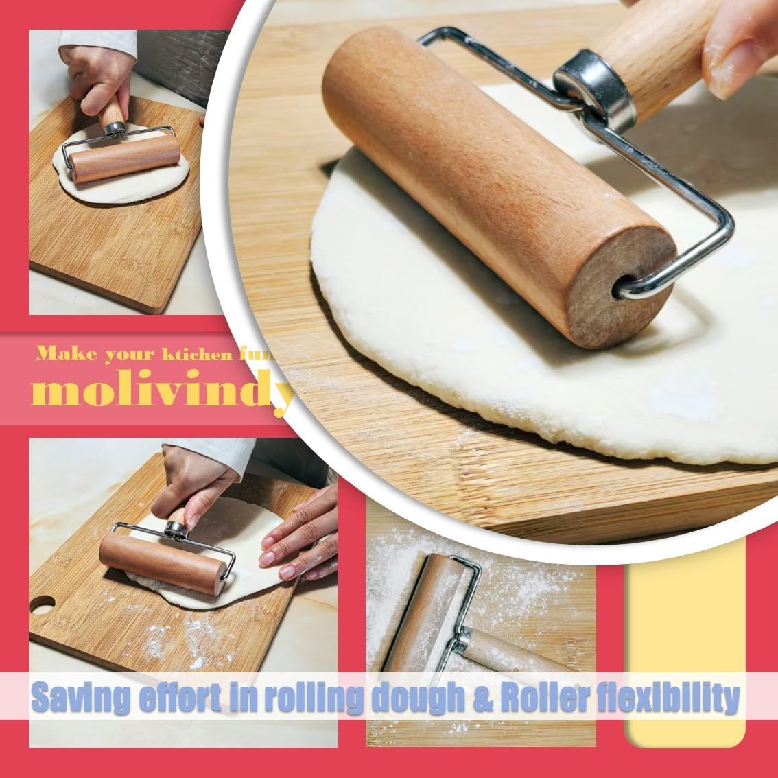 Small Rolling Pin, Wooden Dough Roller, Non-Stick Pizza Roller, Dough Baker Roller Set for Home Kitchen Baking Cooking.