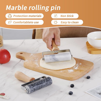 Small Marble Rolling Pin Pizza Roller with Dough Scraper Cutter, Marble Roller Non-Stick T-Type, For Cake Baking Tortilla Fudge Pizza Cookies and Other Kitchen Baking Cooking(White)