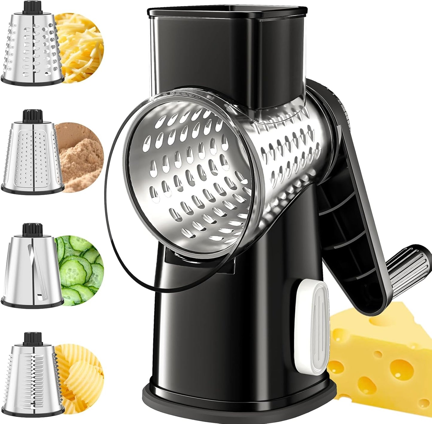 VEKAYA Rotary Cheese Grater Hand Crank with 4 Interchangeable Stainless Steel Blades, Large Manual Handle Shredder and Waffle Slicer for Vegetables, Cheese and Nuts with Table Suction Base(Blue)