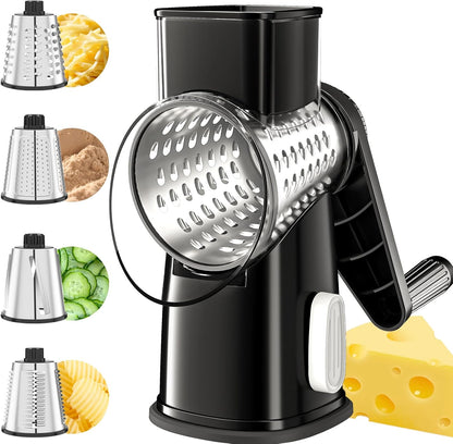 VEKAYA Rotary Cheese Grater Hand Crank with 4 Interchangeable Stainless Steel Blades, Large Manual Handle Shredder and Waffle Slicer for Vegetables, Cheese and Nuts with Table Suction Base(Blue)