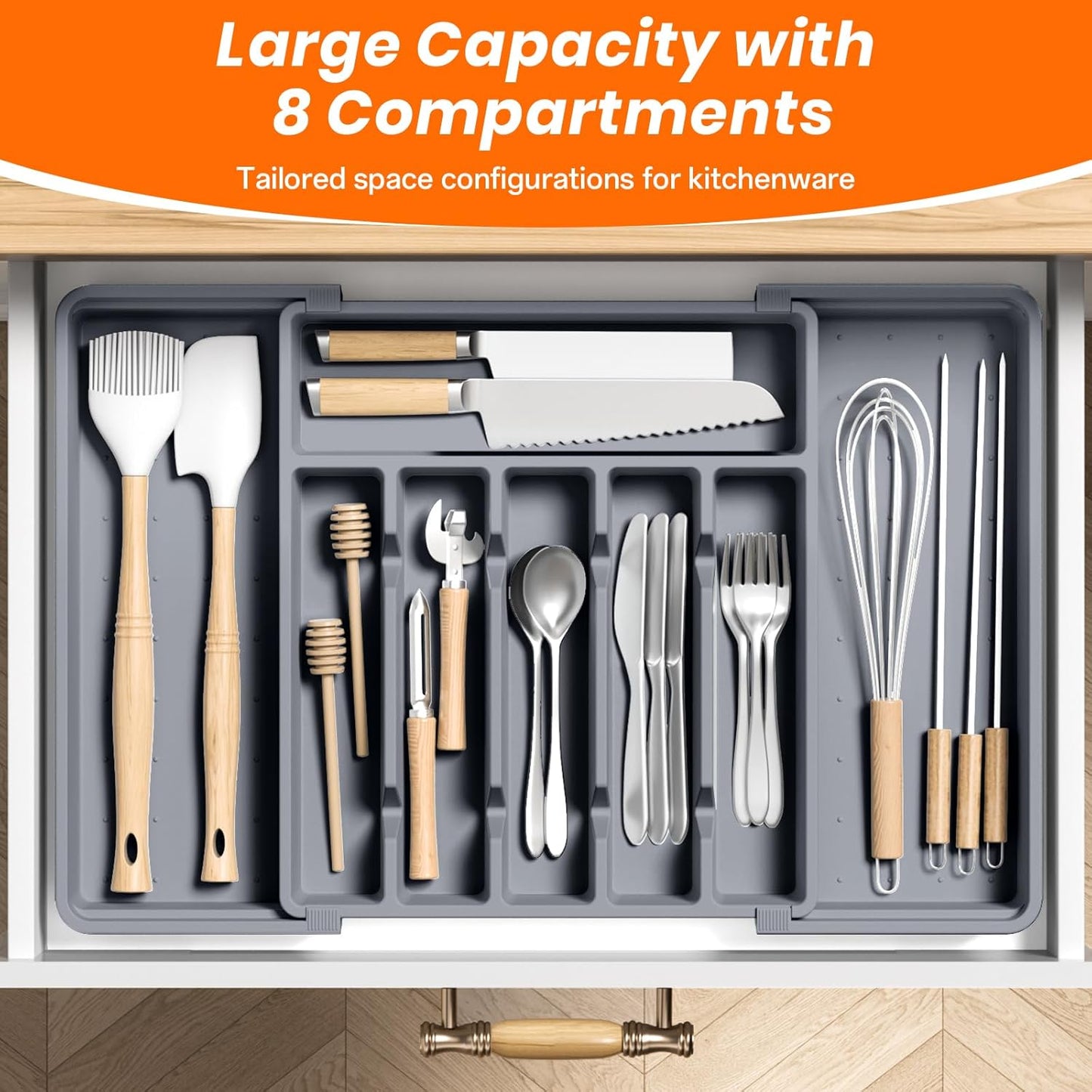 RoomHacks Large Silverware Organizer,Expandable Utensil Drawer Organizer,BPA Free Utensil Holder,Adjustable Silverware Tray Cutlery Drawer Organizer for Kitchen Flatware,Large,Black (6-8 Slots)
