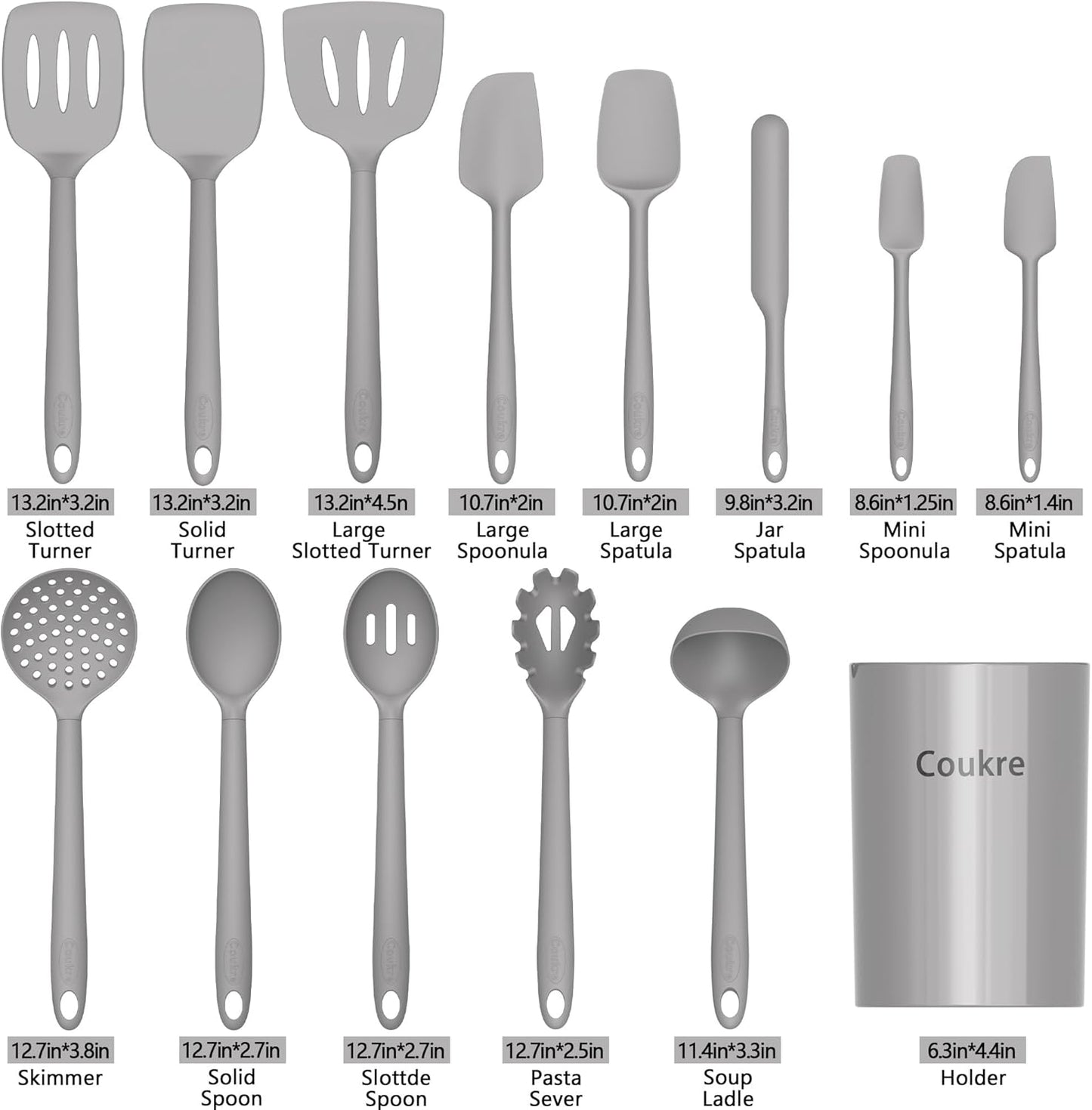 Coukre Silicone Kitchen Cooking Utensils Set with Holder – Heat-Resistant, Food-Grade Kitchen Tools, Spatula, Spoon & Gadgets for Non-Stick Pans, Dishwasher Safe (14, PureBlack)
