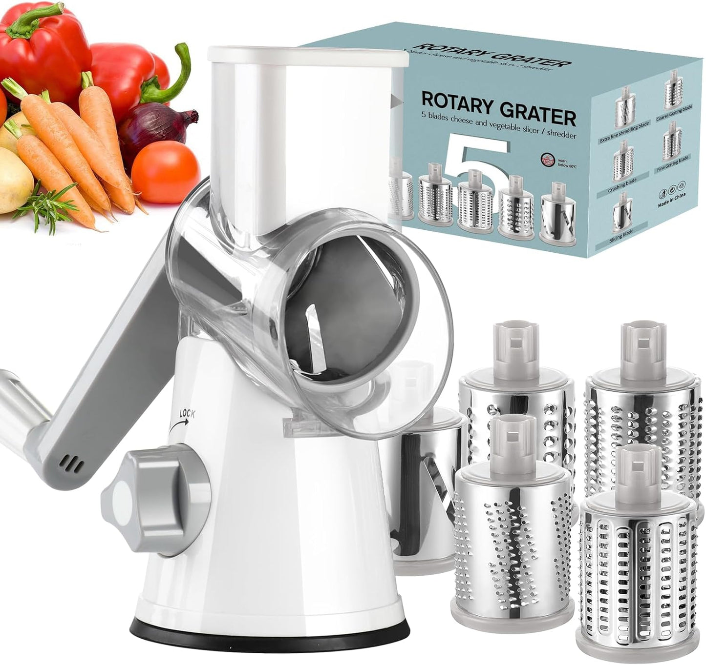Ourokhome Rotary Cheese Grater Hand Crank, Kitchen Shredder Speed Mandolin Slicer Nut Grinder with Handle and Drum Blades for Cheese, Vegetable, Walnut, Chocolate, Potato, Carrot, 3 Blades, Dark Blue