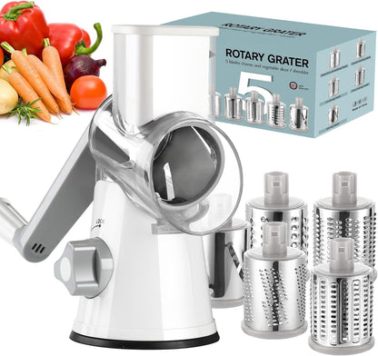 Ourokhome Rotary Cheese Grater Hand Crank, Kitchen Shredder Speed Mandolin Slicer Nut Grinder with Handle and Drum Blades for Cheese, Vegetable, Walnut, Chocolate, Potato, Carrot, 3 Blades, Dark Blue