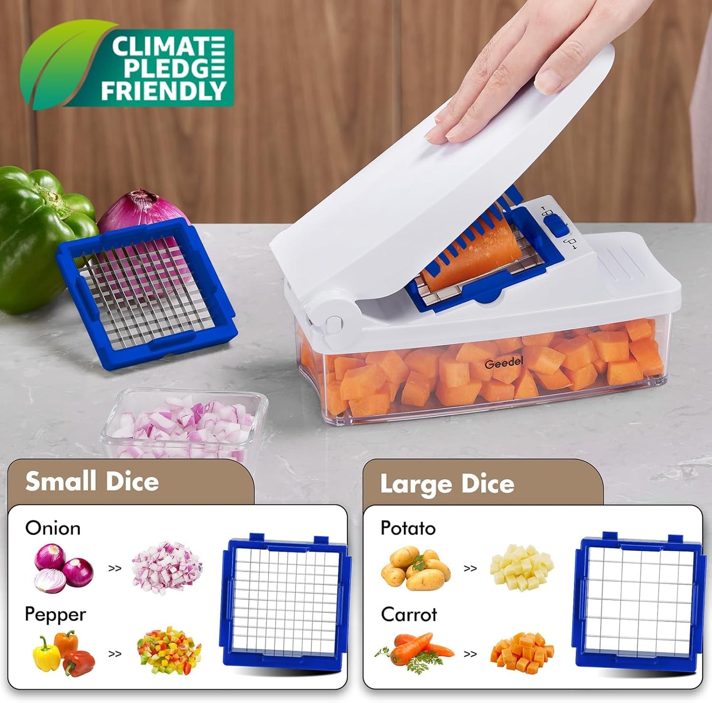 Geedel Vegetable Cutter, Onion Cutter Pro Food Chopper, Kitchen Vegetable Slicer Dicer Cutter Grater, Veggie Chopper with container for Salad Onion Potato Carrot (4 in 1, Blue)