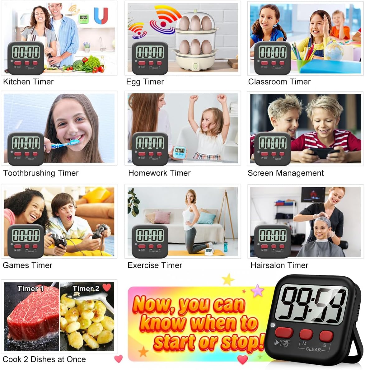 Antonki 2 Pack Digital Timer for Kids, Magnetic Countdown Kitchen Timers for Cooking, Egg, Classroom, Teacher, Exercise, Study, Oven - Battery Included
