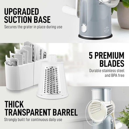 Zulay Kitchen Rotary Cheese Grater 5 Blade Cheese Shredder - Manual Hand Crank Cheese Grater With Reinforced Suction & 5 Interchangeable Drums - Easy to Use, Vegetable Chopper Round Mandoline Slicer - Colors A