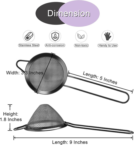 E-far Fine Mesh Strainer Set of 2, 3.3 Inches Stainless Steel Tea Strainer with Long Handle, Small Conical Mesh Strainers Sieve for Cocktail Coffee Food, Rust Proof & Easy to Clean (Silver)