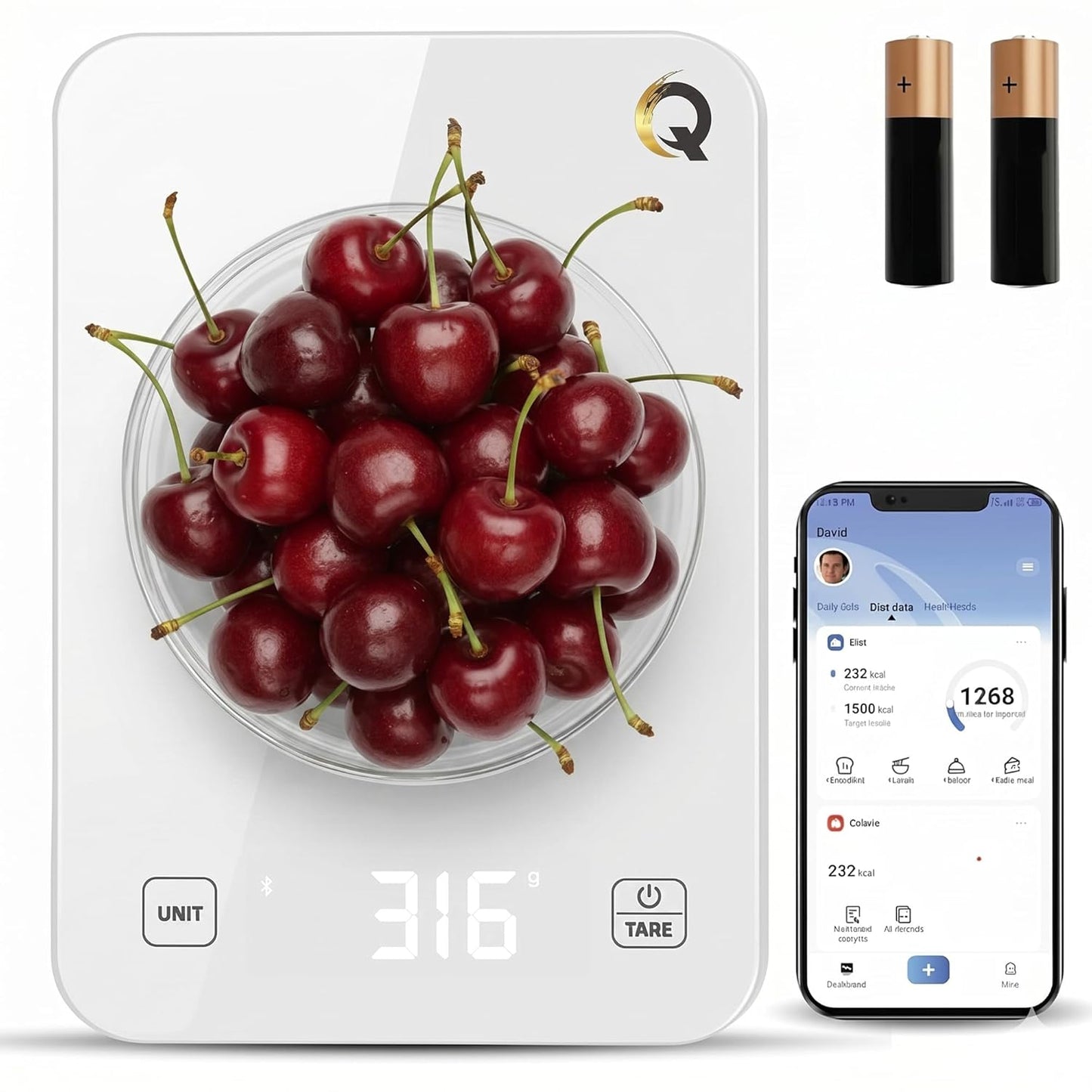 Qahar Food Scale with Nutritional Calculator, Waterproof LED Display Digital Kitchen Scale for Weight Loss Cooking Baking Keto Macro Diet, Calorie Counting, Black Glass, 22lb/10kg