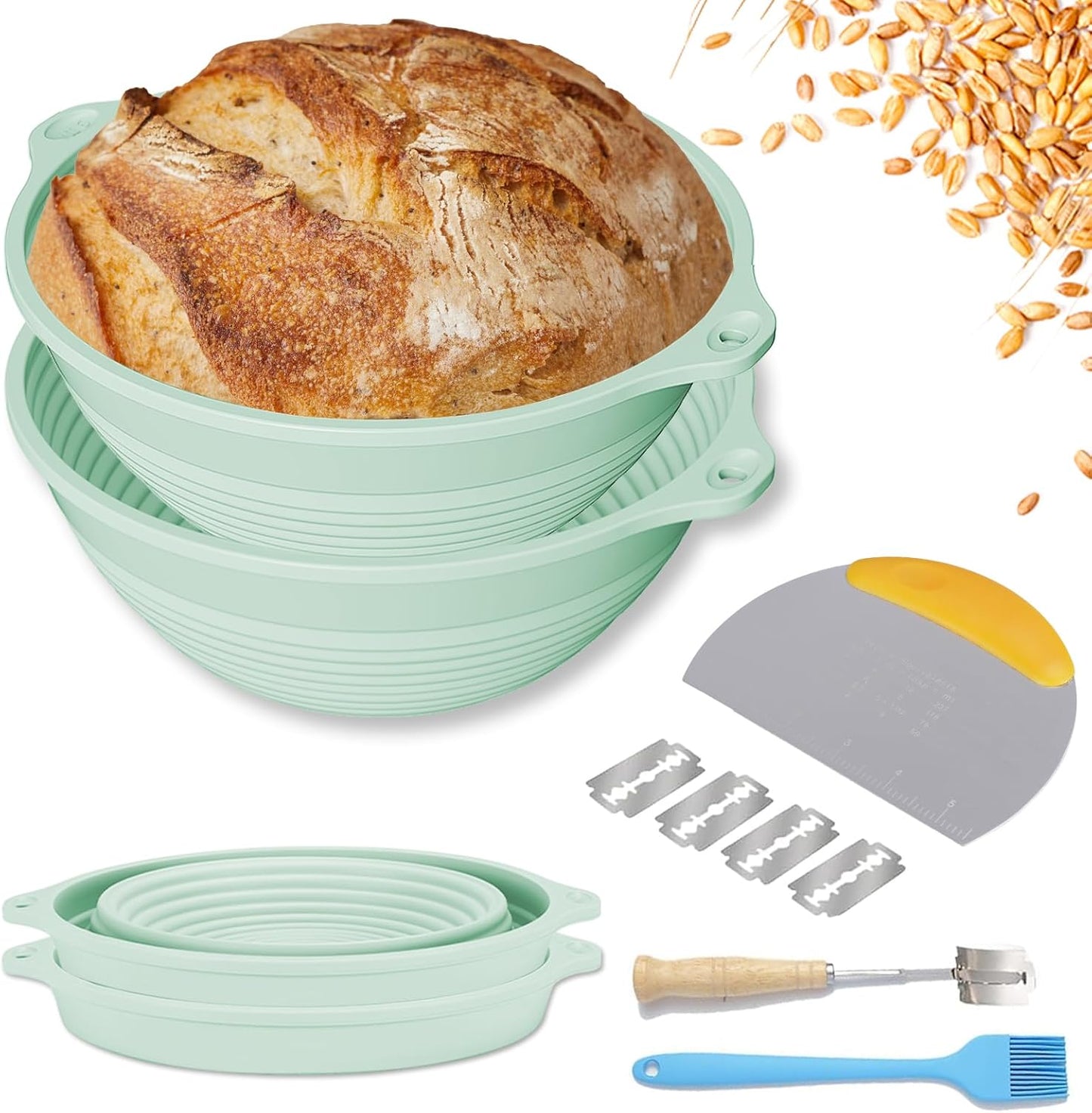 Sourdough Starter Kit with Banneton Bread Proofing Basket, 9” Round Banneton with Liner, 24 oz Starter Jar, Bread Lame, Dough Whisk & Sourdough Baking Supplies