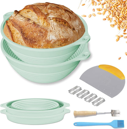 Sourdough Starter Kit with Banneton Bread Proofing Basket, 9” Round Banneton with Liner, 24 oz Starter Jar, Bread Lame, Dough Whisk & Sourdough Baking Supplies