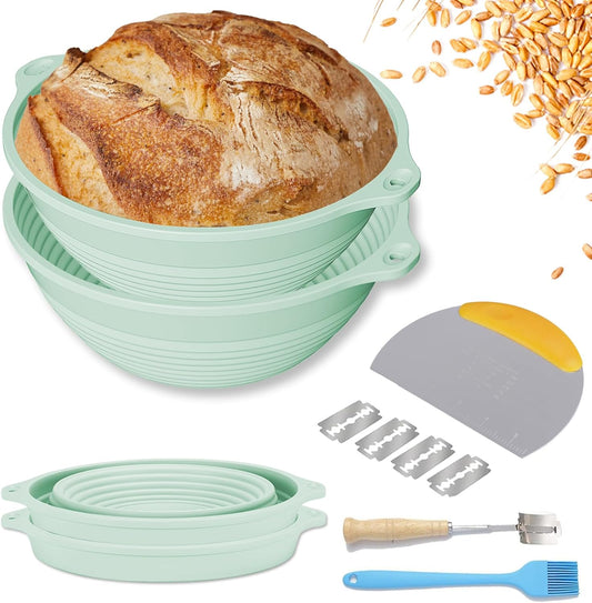 Sourdough Starter Kit with Banneton Bread Proofing Basket, 9” Round Banneton with Liner, 24 oz Starter Jar, Bread Lame, Dough Whisk & Sourdough Baking Supplies