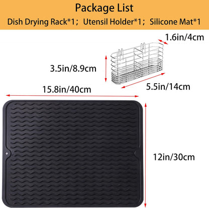 NiuYichee Stainless Steel Dish Drying Rack(15.2"L X 13"W X 5.8"H), Expandable Fruit & Vegetable Drain Rack over Sink, Dish Drainer Rack in Sink, with Stainless Steel Utensil Holder & Silicone Mat(16")