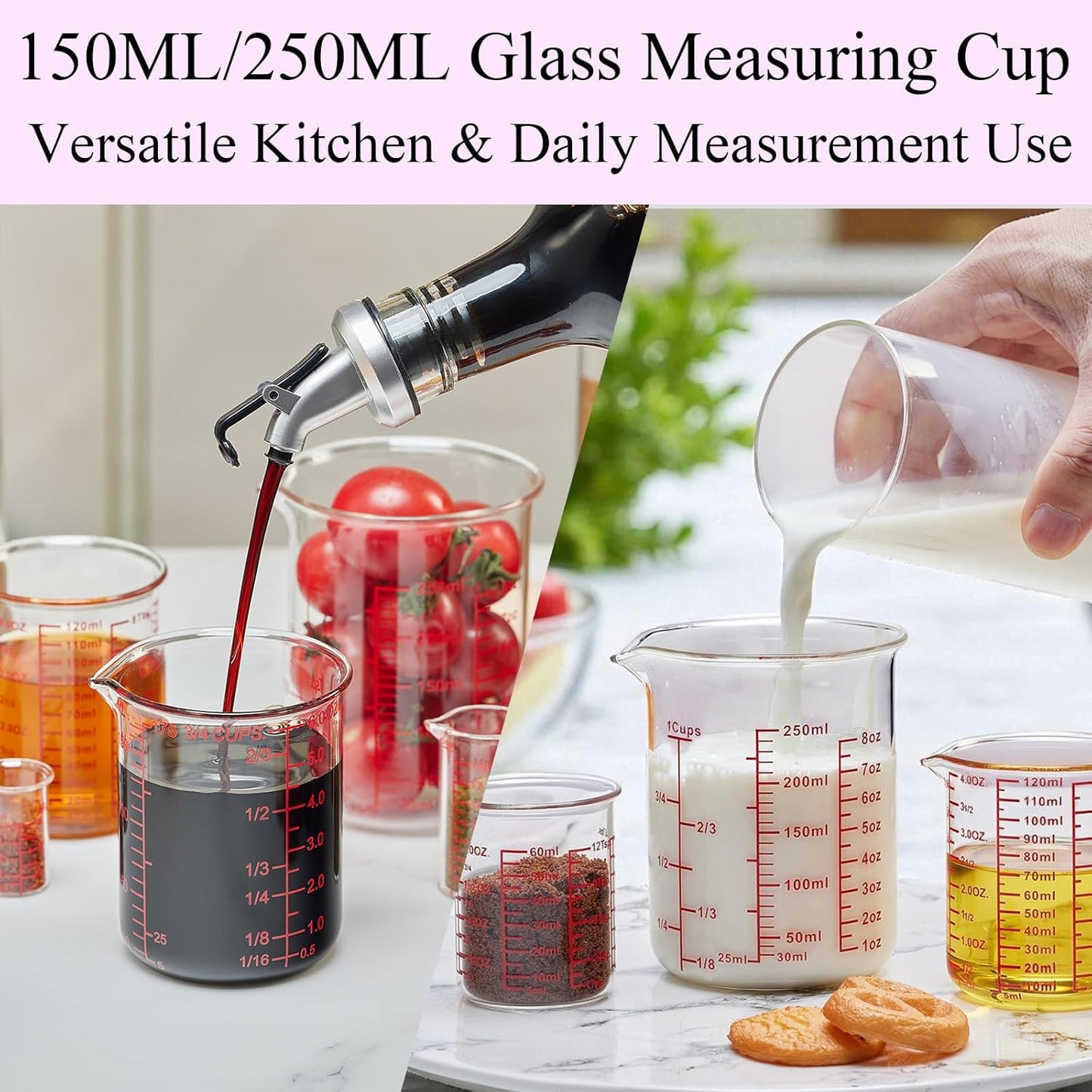 High Borosilicate Glass Measuring Cup-V-Shaped Spout，Glass Measuring Beaker for Kitchen or Restaurant, Easy to Read, 60 ML (2 Oz)-Pack of 2