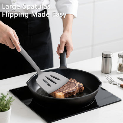Coukre 3 Pack Silicone Spatula Set, High Heat Resistant, BPA-Free, Fish Spatula, Solid & Slotted Turner for Non-Stick Pans, Flipping Eggs, Pancakes, Fish, Burgers (3, PureBlack)