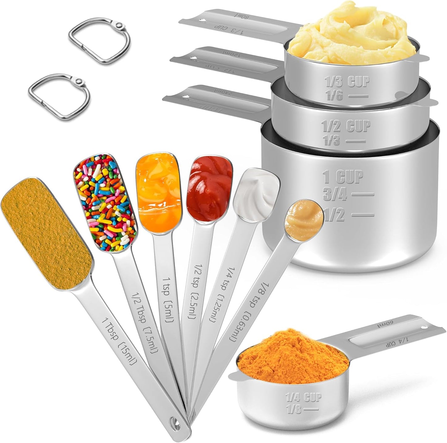 Magnetic Measuring Cups and Spoons Set, 7 Nesting Stainless Steel Measuring Cup Set with Easy to Read Markings, 7 Magnetic Measuring Spoons & 1 Leveler for Measuring Dry or Liquid Ingredients